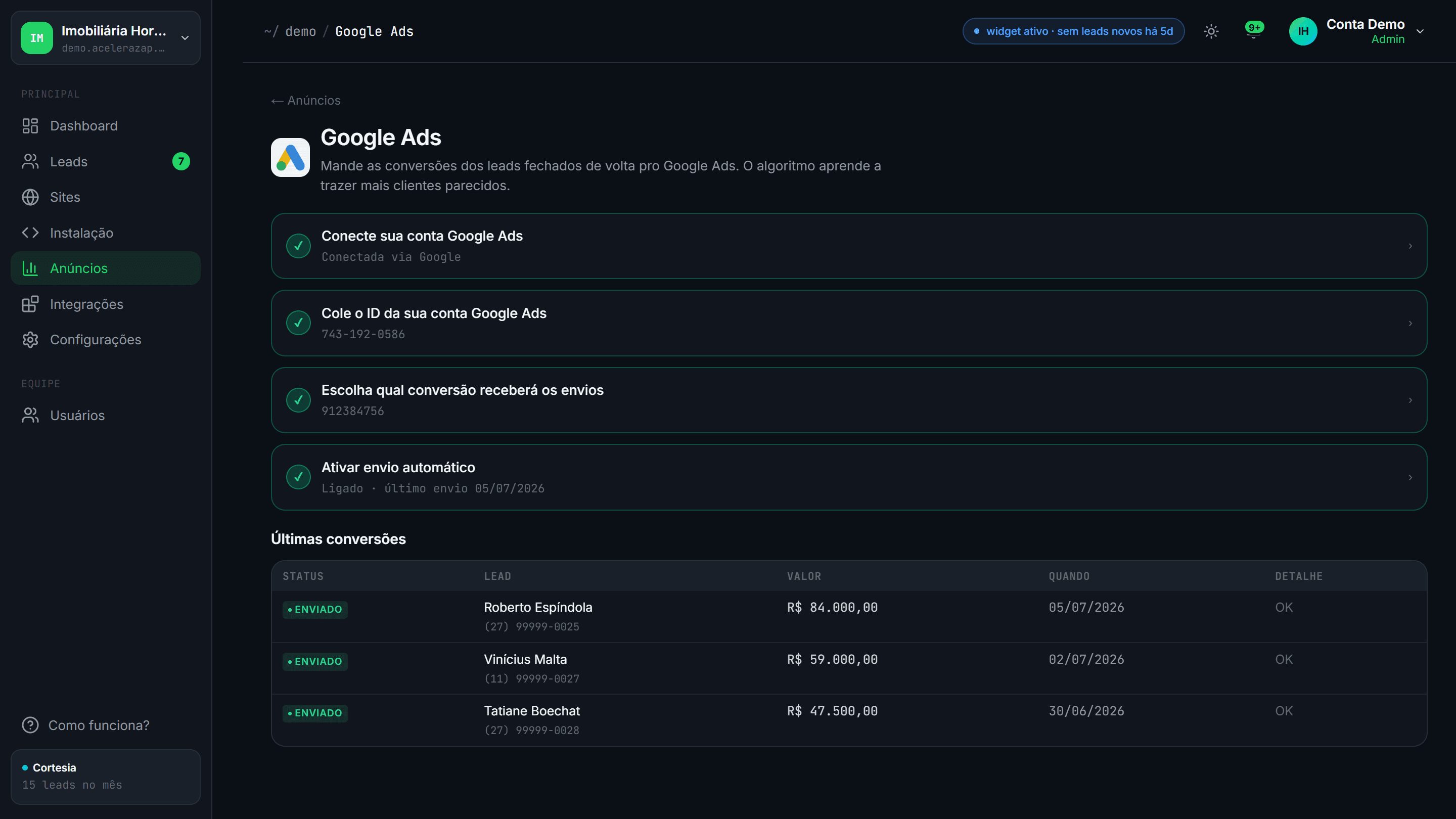 Página de Google Ads da AceleraZap: conta conectada, envio automático ativo e tabela de conversões enviadas com valor de cada venda