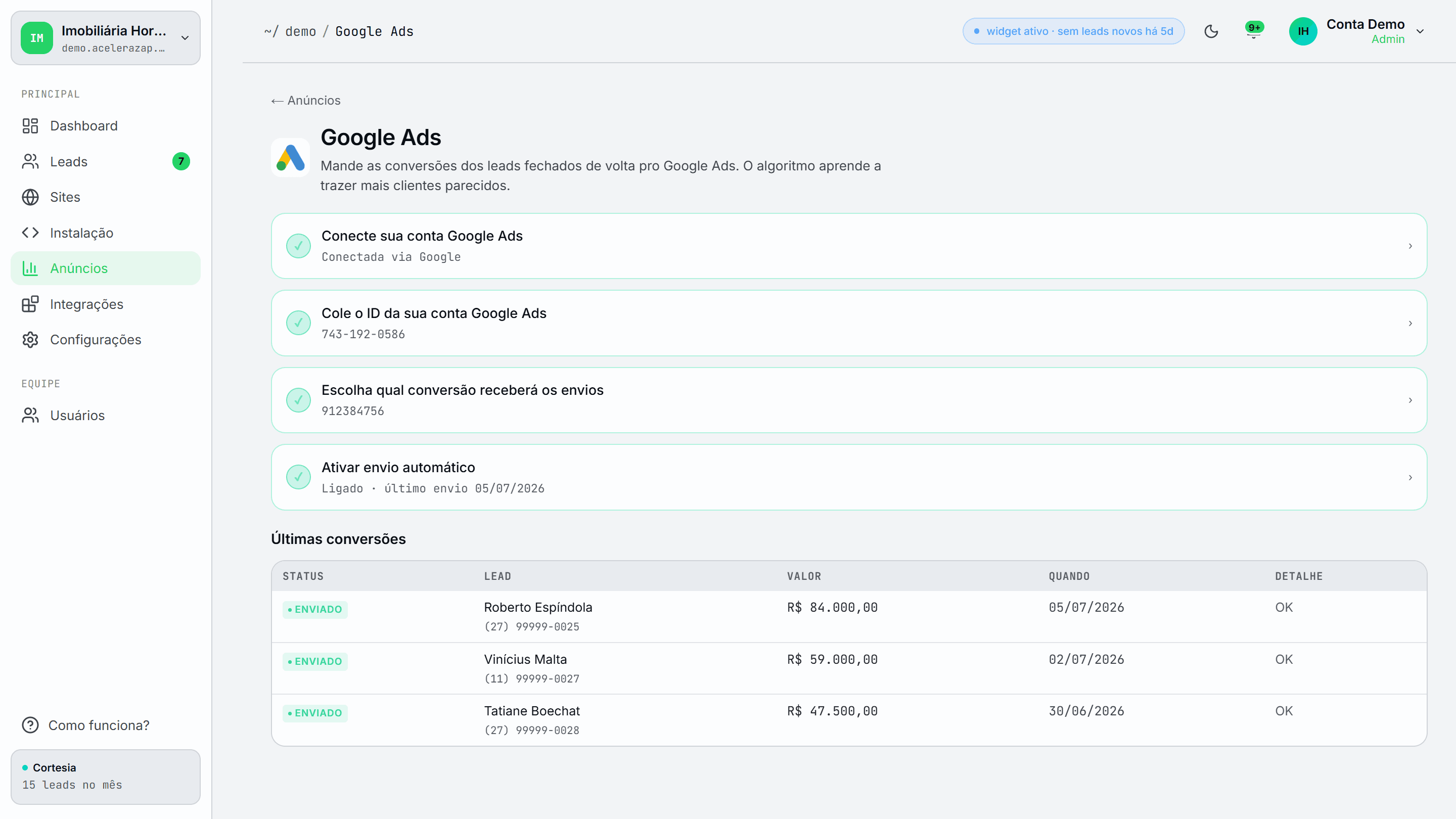 Página de Google Ads do AceleraZap: conta conectada, envio automático ativo e tabela de conversões enviadas com valor de cada venda