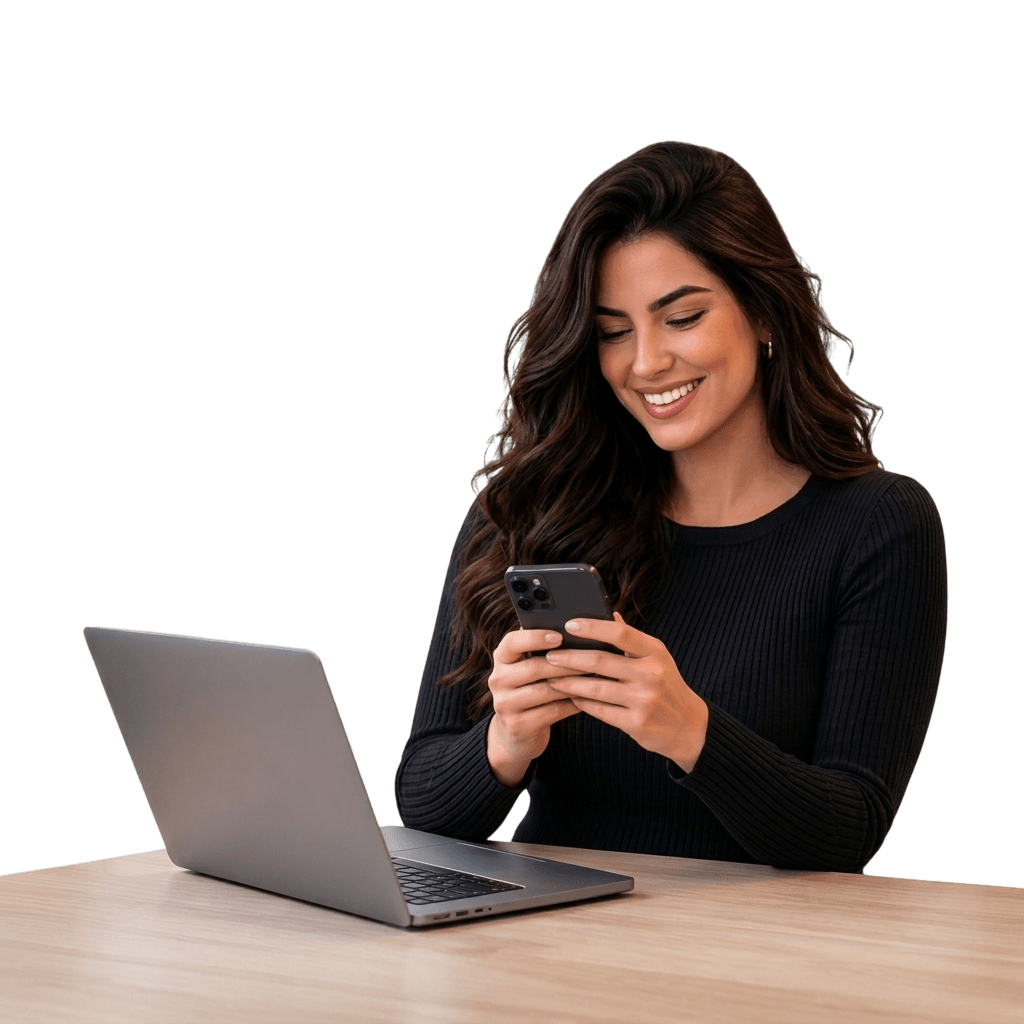 Atendente sorrindo com o celular na mão, respondendo um lead no WhatsApp.