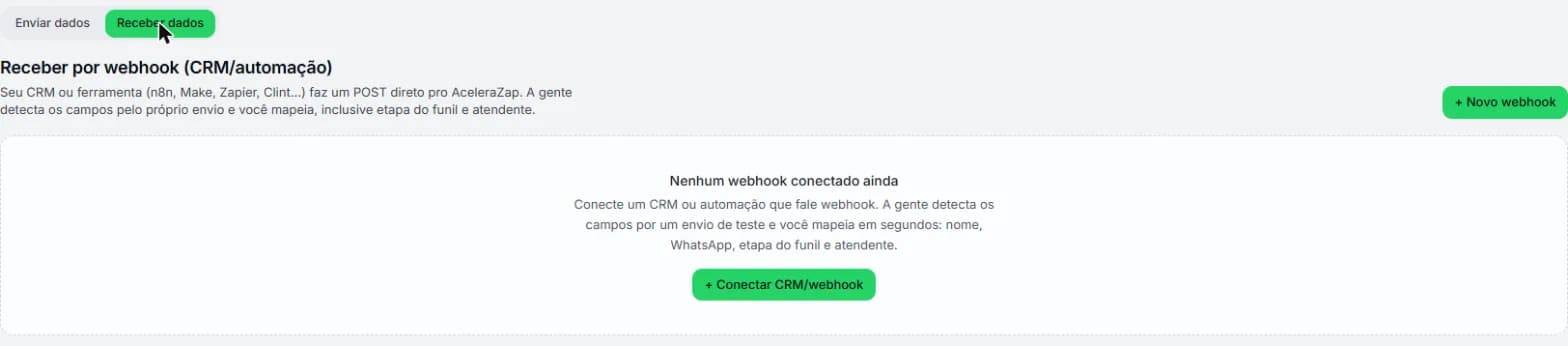 Tela Receber por webhook do painel do AceleraZap, sem nenhuma conexão ainda, com os botões + Novo webhook e + Conectar CRM/webhook.